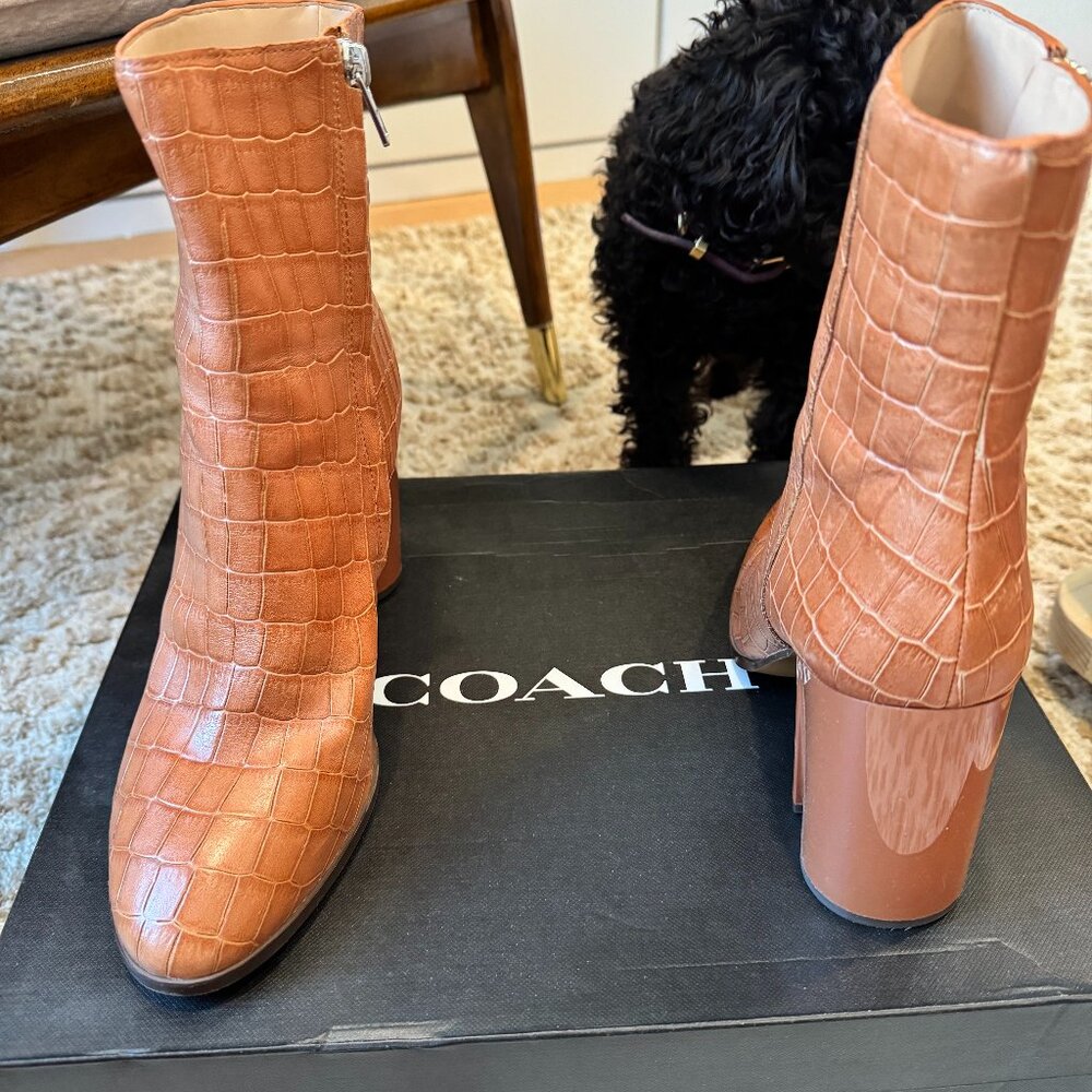 Tan Crocodile-embossed leather Coach Booties